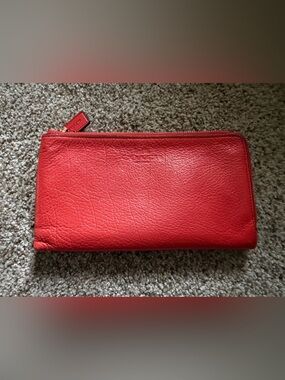 COACH Red Coral Pebbled Leather Double Zip Wristlet Wallet Pouch Clutches